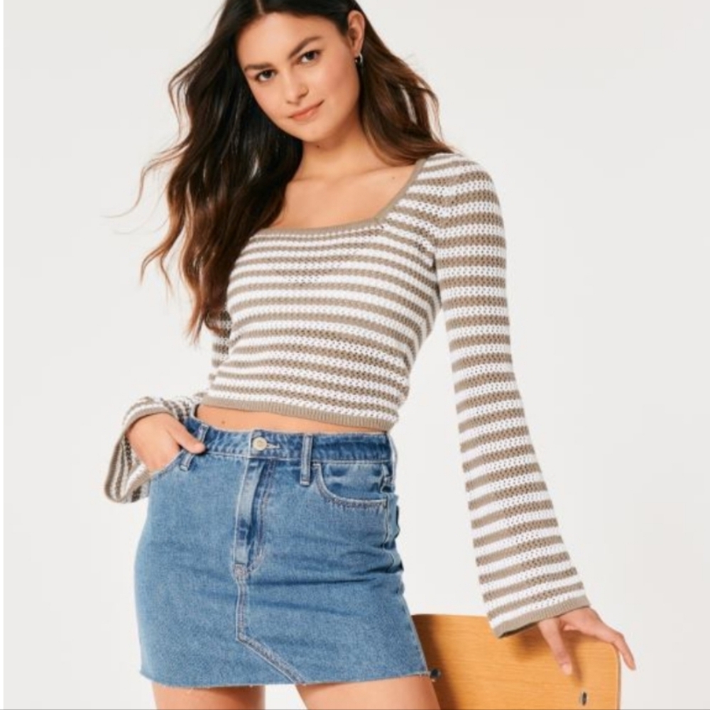 🆕️ Hollister Crochet Brown & White Long Sleeve Top. NWT